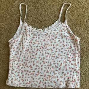Floral Ribbed Cami Tank Top - White with Pink Roses